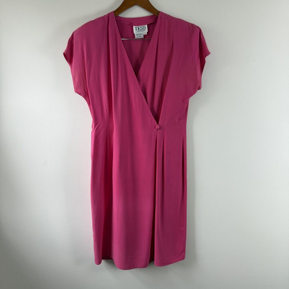 Vintage Pink Silk Wrap Dress | Magenta Draped Overlay V-Neck Midi Dress